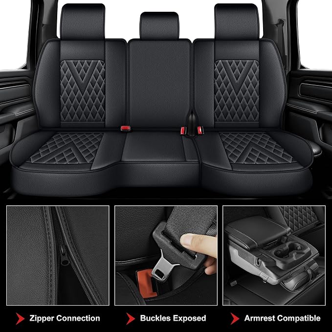 TTX for Dodge RAM 1500 2500 3500 2012-2025 2026 Seat Covers - Seat Cushion Cover with Durable Faux Leather and Curved Bench(Full Set/Black)