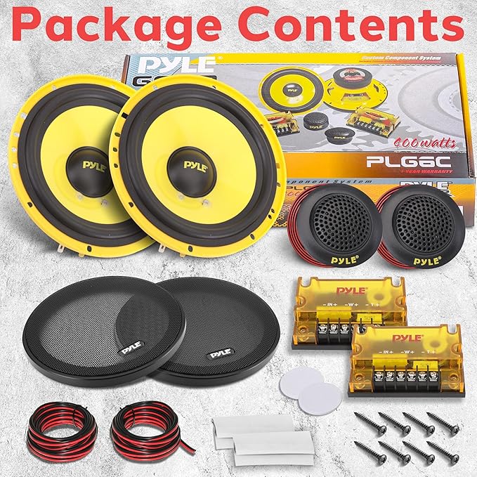 Pyle 2 Way Custom Component Speaker System - 6.5” 400 Watt, with Electroplated Plastic Basket, Butyl Rubber Surround & 40 Oz Magnet Structure - Wire Installation Hardware Set Included - PLG6C, Yellow