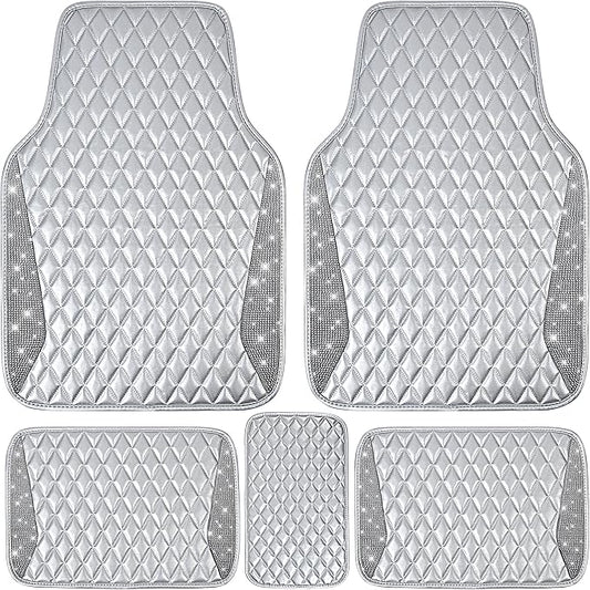 CAR PASS Bling Leather Car Mats Shining Diamond Floor Mats Crystal Rhinestone Sparkly Glitter Carpet Anti-Slip Waterproof Pad Universal Fit for Automotive SUV, Sedan, Van, 5pcs Girl Women Pure Silver