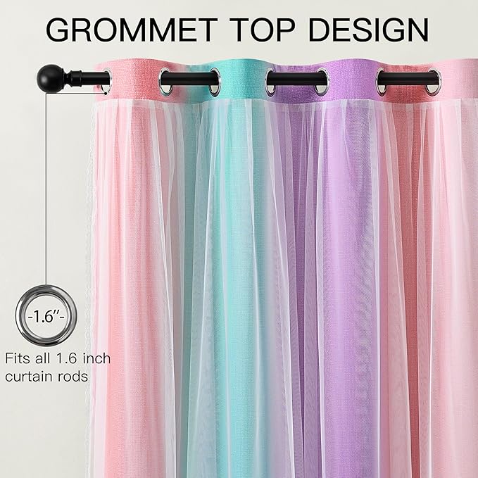 XiDi 100% Blackout Curtains for Girls Bedroom 63 Inches Long 2 Panels Colorful Rainbow Nursery Kids Curtains with Sheer Overlay Unicorn Wall Decor Princess Grommet Drapes Pink Purple Green 52W x 63L