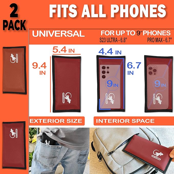 Faraday Bag Anti-Tracking GPS RFID Car Key Signal Blocker Wallet Shielding Pouch Protective Case for Cell Phone Car Key FOB, Data Privacy, Electronic Device Security (2 PACK - RED AND ORANGE)