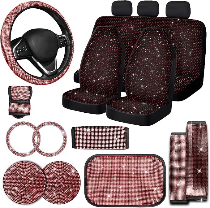 17 Pack Bling Car Seat Covers Set Car Diamond Accessories Rhinestone Crystal Steering Wheel Cover, Bling Velvet Breathable Glitter Center Console Pad Universal Car Interio(Full Set/Red)