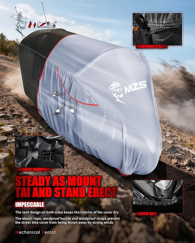 MZS Motorcycle Cover Waterproof Outdoor, Heavy Duty All Season Weather Sun Protection with Storage Bag Vents Night Reflective Cotton Lining Lock Holes fits up to 116" Motorcycles Vehicle Covers