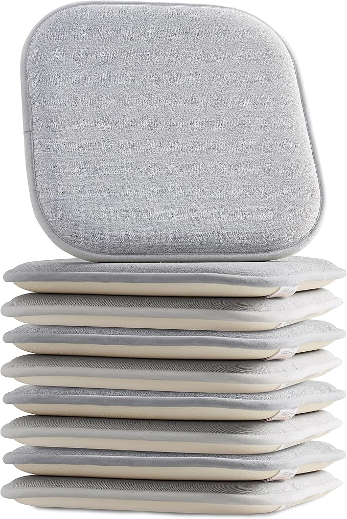 Elegant Comfort Chair Cushion Covers with Ties and Non Skid Rubber Backing-Thick Memory Foam - Soft Cushion Pad- Rounded Square Seat Cover- 16 x 16 Inches - Set of 8 Thatch Textured Pattern, Gray