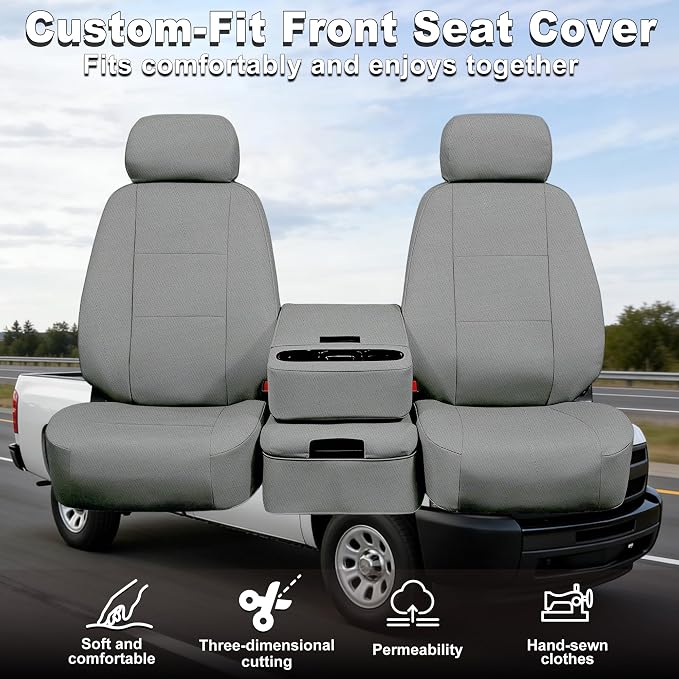 Seat Covers for Chevy Silverado & GMC Sierra 1500/2500HD 2007-2013 Heavy Duty Cloth Protector Interior Accessories，Waterproof & Machine Washable-Gray (Front)