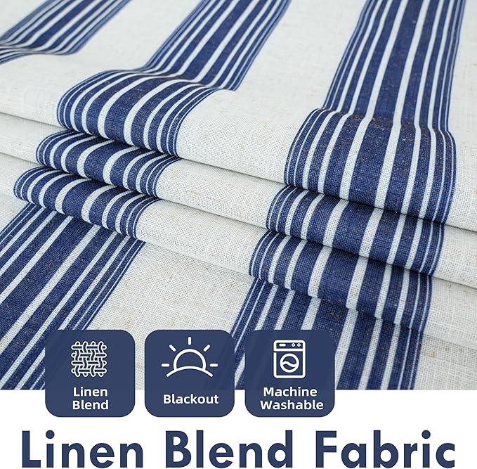 DriftAway Chris Double Layer Linen Blackout Tie Up Curtains Thermal Insulated Fully Lined Vertical Striped Balloon Roman Shade Bathroom Window Adjustable Rod Pocket 45 Inch by 63 Inch Ivory Dark Blue
