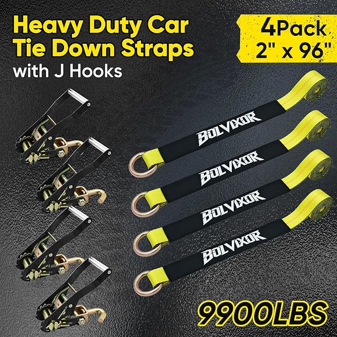 4 Pack Car Tie Down Straps for Trailers 2" x 96" - 9900LBS Break Strength - Tire Ratchet Straps with J Finger Hooks for Hauling UTV, SUV, Truck, Any Cars