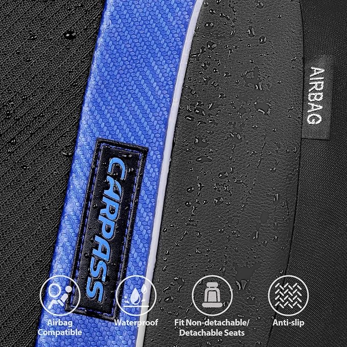 CAR PASS Sporty High Back 3D Oxford Waterproof Car Seat Cover Two Front, Universal Carbon Fiber Leather Bucket Seat Cover All Weather, Airbag Compatible Fit Sports Car SUV Sedan Truck Black Blue