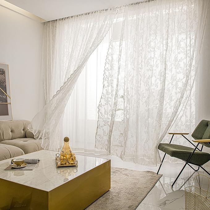 Sutuo Home Ivory Lace Curtains Set of 2, Sheer Panels 63 Inch Length Floral Embroidery Vintage Voile Window Treatment Pair for Bedroom Living Room Kitchen, Shabby Chic Decor Rod Pocket, W57 x L63