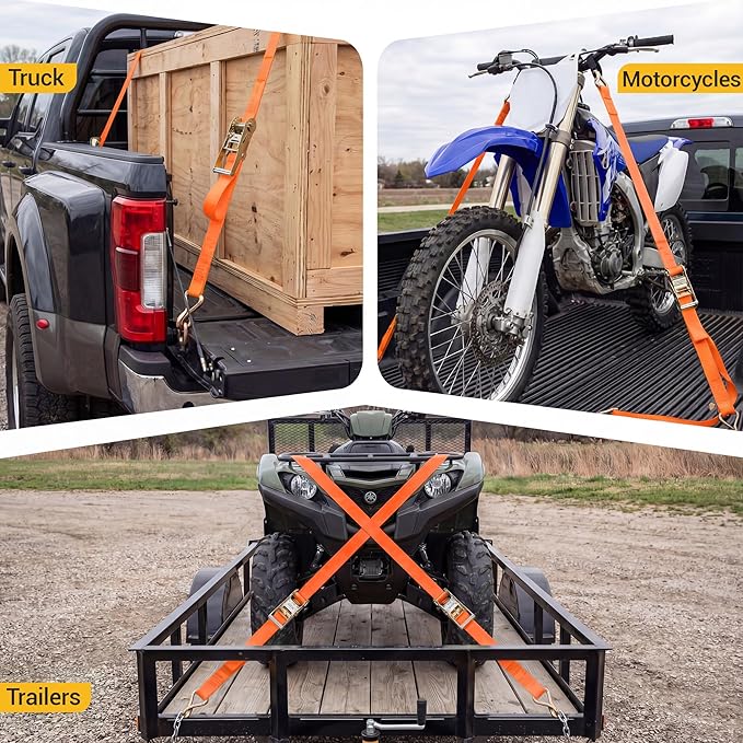 Heavy Duty Ratchet Straps, Corrosion-Resistant Ratchet & Fully Coated S Hooks - for Motorcycle Truck Cargo Tie Downs, 2" x 20ft - 4-Pack (Orange)