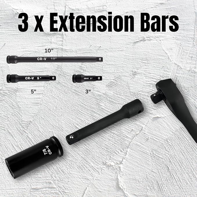 1/2" Drive Impact Socket Set,29-Pieces Metric (10-24mm) and SAE (3/8 to 1 inch) Sizes with 3", 5", 10" Extension bars,Deep, 6 Point,Cr-V Steel(1/2" Socket Set, Metric and SAE, 29pcs)