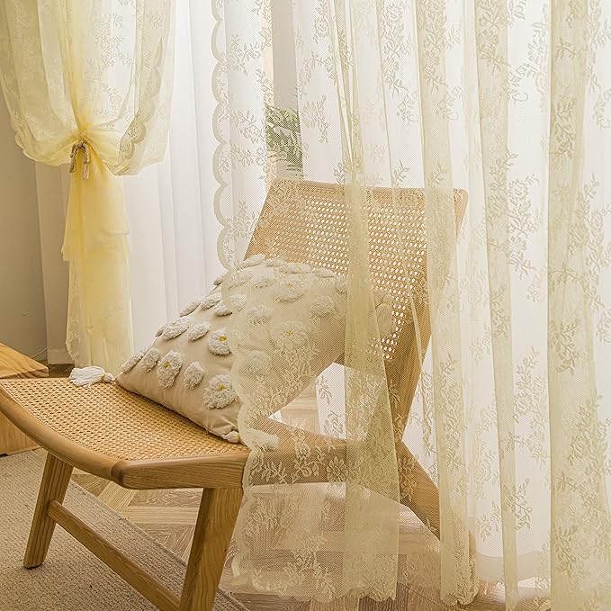 Sutuo Home Lace Curtains 63 Inches Length 2 Panels Set, Cream Yellow Sheer Country Retro Floral Vintage Beige Voile Window Panel Treatment for Bedroom/Living Room, Decor Rod Pocket W57 x L63