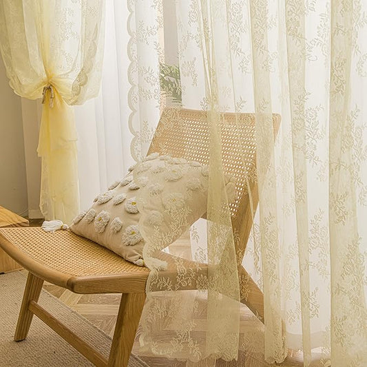 Sutuo Home Lace Curtains 63 Inches Length 2 Panels Set, Cream Yellow Sheer Country Retro Floral Vintage Beige Voile Window Panel Treatment for Bedroom/Living Room, Decor Rod Pocket W57 x L63