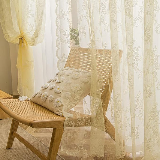 Sutuo Home Lace Curtains 96 Inches Long 2 Panels Set, Cream Yellow Sheer Window Floral Vintage Voile Window Panel Treatment Pair for Bedroom/Living Room/Kitchen, Decor Rod Pocket W57 x L96