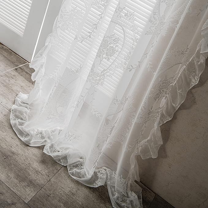 Sutuo Home White Lace Curtains 96 Inches Long 2 Set, Sheer Panels Rose Floral Embroidery Vintage Voile Window Treatment Pair for Bedroom Living Room, Retro Christmas Decor Rod Pocket, W57 x L96