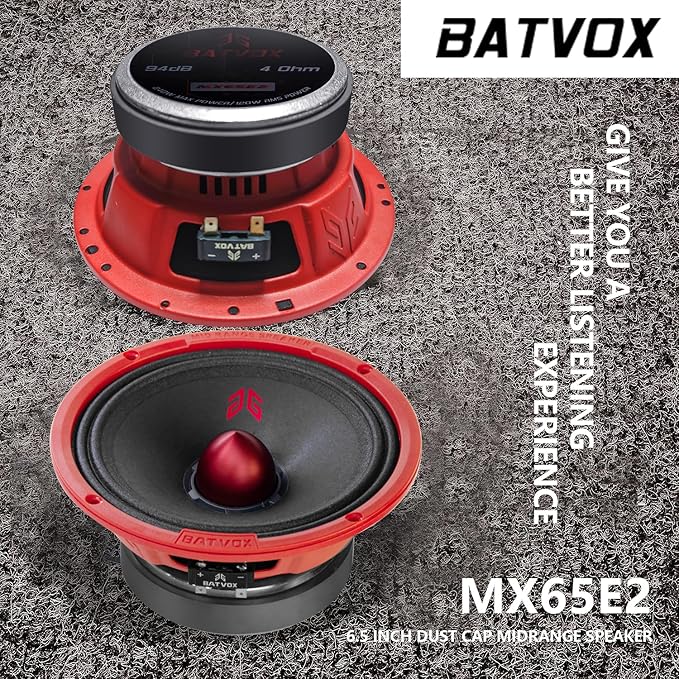 MX65E2 Midrange Loudspeaker 6.5" Red Bullet, 480W Max, 4 Ohms, Premium Quality Audio Door Speakers for Car or Truck Stereo Sound System, Red (2 Speaker)