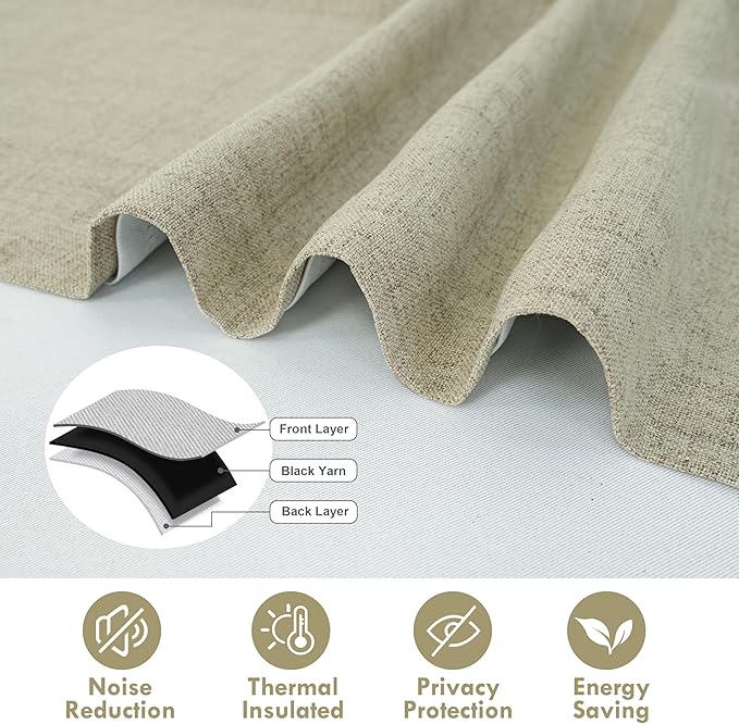 DriftAway Double Layer Linen Blackout Tie Up Curtains Thermal Insulated Fully Lined Balloon Roman Shade Bathroom Window Adjustable Rod Pocket for Small Window 31 Inch by 47 Inch Light Khaki Linen