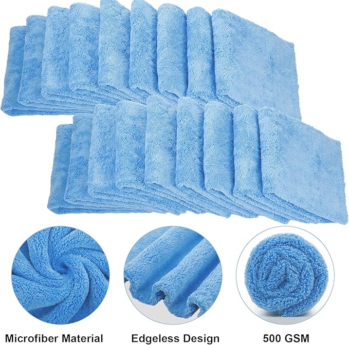 Shimeyao 30 Pcs Edgeless Microfiber Plush Towels for Cars Detailing Drying Wash Polishing Absorbent Cleaning Cloths, 500 GSM (16 x 16 Inch,Light Blue)