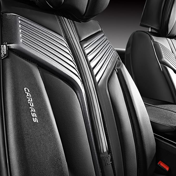 CAR PASS Nappa Leather Car Seat Covers Front Seats, Luxury Cushioned Front Seat Covers, Waterproof Drive Seats Anti-Slip Full Coverage Universal Fit for SUV Truck Sedan Automotive Black (2pcs, Black)