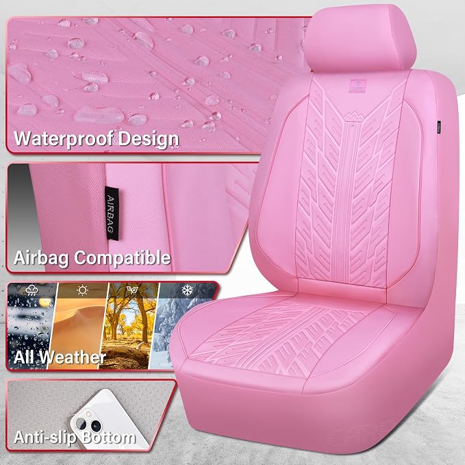 CAR PASS Waterproof Car Seat Covers Full Set,Neoprene Car Seat Covers 5 Seats,3D Tyre Embossed Pink Seat Covers All-Weather Non-Slip Durable Universal Fit Trucks,SUV,Airbag Compatible,All Pink