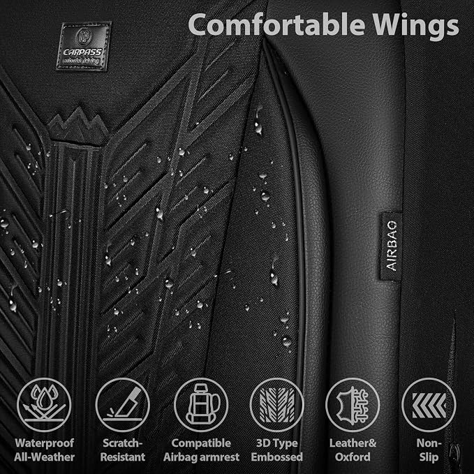 CAR PASS Leather Oxford Car Seat Covers Full Set,Heavy Duty Car Seat Covers Waterproof,Universal Fit for Trucks SUV Sedan Most Cars,Non-Slip,Armrest Airbag Compatible,All Black 3D Tyre Embossed