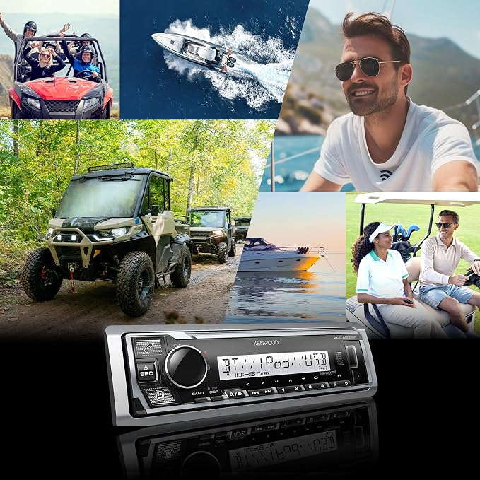 KENWOOD KMR-M332BT Car & Marine Stereo - Single Din, Bluetooth Audio, USB MP3, Aux in, AM FM Radio SiriusXM Ready, Weatherproof, Multi Color Illumination