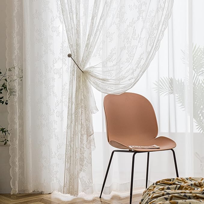 Sutuo Home White Lace Curtains 45 Inches Length 2 Panels Set, Sheer Traditional Florals Vintage Voile Window Panel Treatment for Bedroom/Living Room/Kitchen, Decor Rod Pocket W57 x L45
