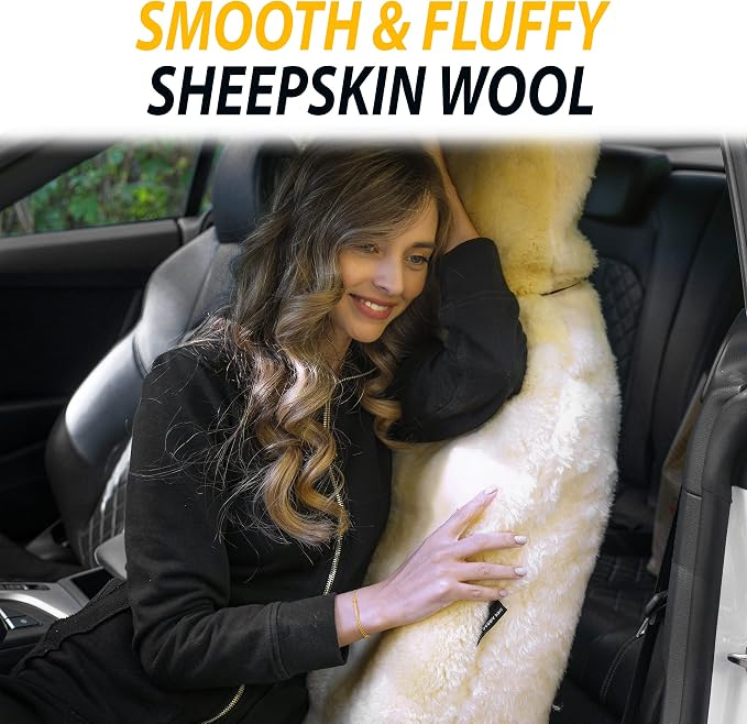ZONETECH Sheepskin Seat Covers Fuzzy Car Seat Covers Ivory Australian Merino Wool Fluffy Fur Auto Accessories All Season Protection for Your Seats Universal Fits Most Car SUV Airbag Compatible