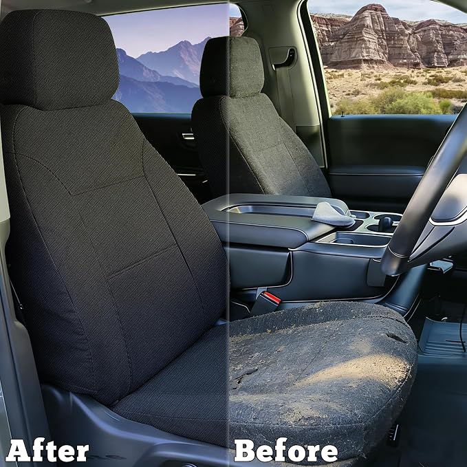 Front Seat Covers for Chevy Silverado & GMC Sierra 1500 Crew Cab 2019 2020 2021 2022 2023 2024 2025 2026 with Headrest and Rear Cup Holder Foam Padded - Black
