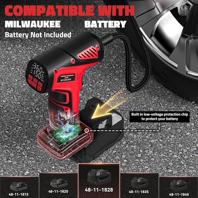 DIYtoolifz 150PSI Tire Inflator Portable Air Compressor: Cordless Air Pump Compatible with Milwaukee 18V Battery - Car Tire Pump with LCD Display & LED Light for Auto, Motorcycles (Tool Only)