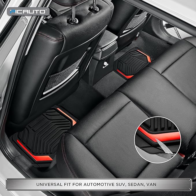 PIC AUTO Heavy Duty Rubber Floor Mats, Red Aluminum Film Car Mats Set, Front and Rear Car Mats with Anti-Slip Backing, All Weather Protection, Trim-to-Fit for Automotive SUV, Sedan, Van