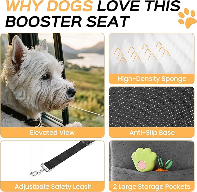Dog Car Seat for Small Dog with Washable Mat, Memory Foam Booster Seat for Dogs Under 30lb, 6" Elevated Pet Seat with Pockets, Anti-Slip Bed for Car, Perfect for Front & Back Seats with Safety Leash