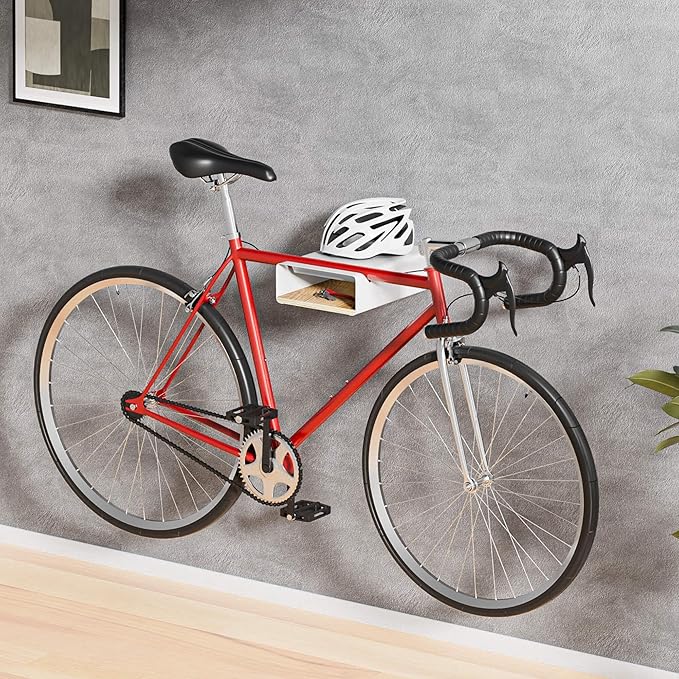 Wall Mount Bike Rack - Metal Mountain Bike Storage Hanger for Home and Garage, Race Bicycle Wall Mount for Store Your Helmet, Shoes, Gloves and Keys (White)