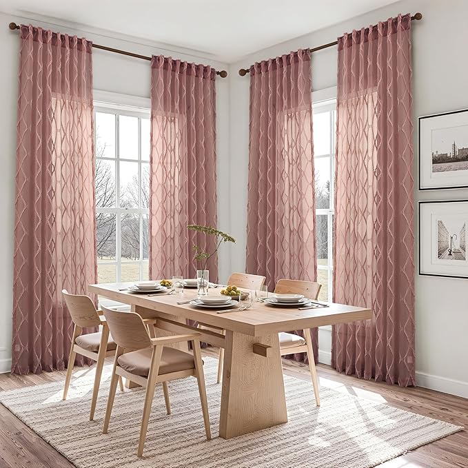 Canyon Rose Sheer Curtains 90 Inch Length for Living Room 2 Panels Back Tab Pocket Boho Farmhouse Drapes Light Filtering Privacy Embroiderd Textured Rustic Curtain for Dining Room Bedroom 52x90