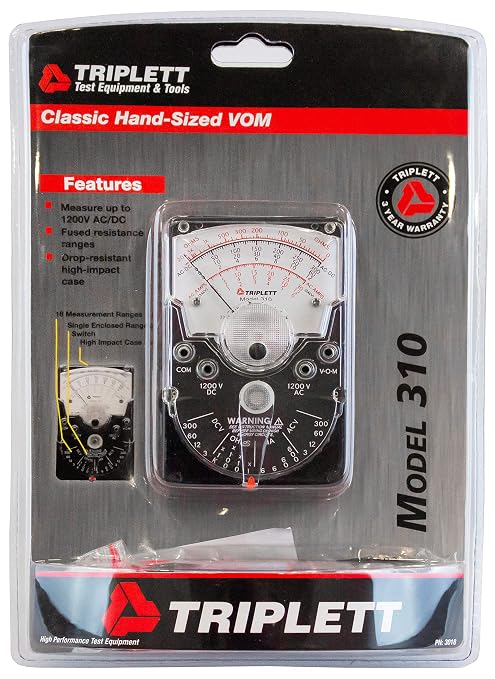 Triplett 3018 Model 310 Hand-Sized Analog Multimeter with Certificate of Calibration to NIST - AC/DC Voltage, DC Current, Resistance