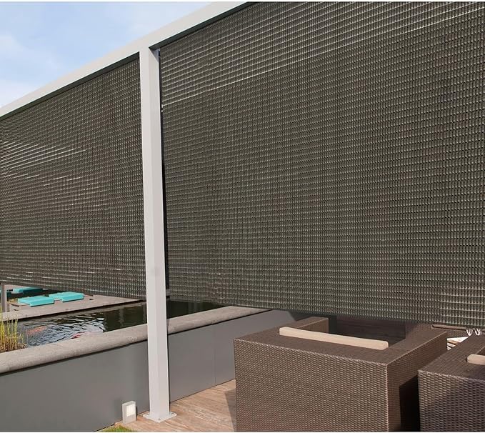 COARBOR Outdoor Roll up Shades Blinds for Pergola Porch Balcony Deck Roller Shade Screen 4'W x 9'L Hollow Out,Brown Hollow