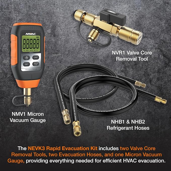 NAVAC NEVK3 Rapid Evacuation Kit - Valve Core Removal Tool Set with 1/4″ & 5/16″ VCRT, 3/8″ to 1/4″ & 1/2″ to 1/4″ Fittings, Micron Vacuum Gauge & High-Performance Refrigerant Evacuation Hoses