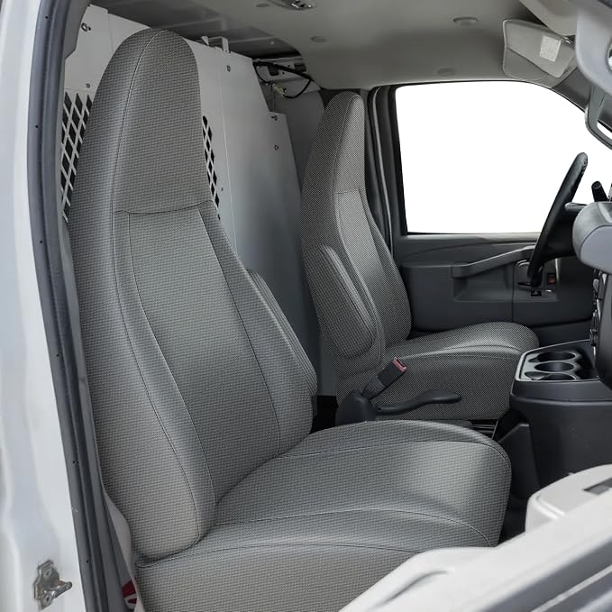 600D Heavy Duty Seat Covers for Chevy Express 1996-2025，Front Bucket Seats with Grab Handle Opening, Durable Oxford Fabric Protective Covers, Not for RV Seat-Gray