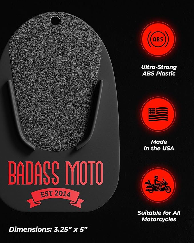 Badass Moto Motorcycle Kickstand Pad - Kick Stand Puck, Coaster Plate for Harley Davidson, Touring & Sport Bikes - Motorcycle Accessories for Grass, Dirt, Hot Pavement Parking Pad - Black (4-Pack)