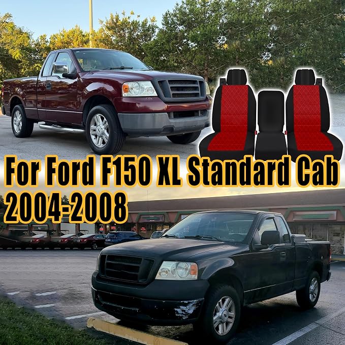 Front Durable Fabric Seat Covers for Ford F150 XL XLT Standard Cab 2004 2005 2006 2007 2008, Front 40/20/40 Split Bench with Integrated Seatbelts & Solid Armrest-Red