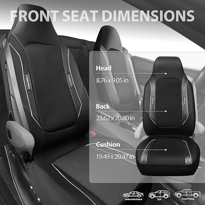 CAR PASS Sporty High Back 3D Oxford Waterproof Car Seat Cover Two Front, Bucket Carbon Fiber Leather Seat Cover, Built-in Seat Belt Armrest Compatible Fit for Sports Car SUV Sedan Truck All Black