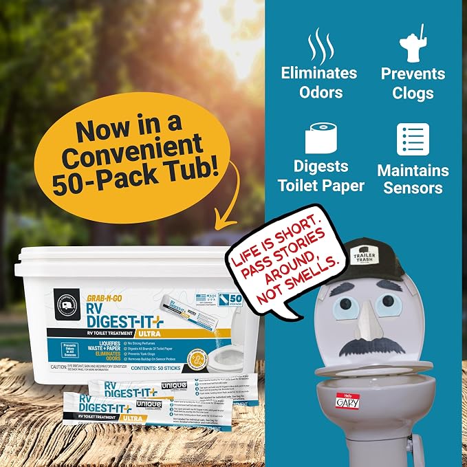 Unique RV Digest-It Ultra Stick Pack, 50 Count, Extra-Strength RV Toilet Treatment, No-Mess, Premeasured Powder, Grab-n-Go Black Tank Treatment, Controls Odor and Prevents Clogs, Bulk Tub
