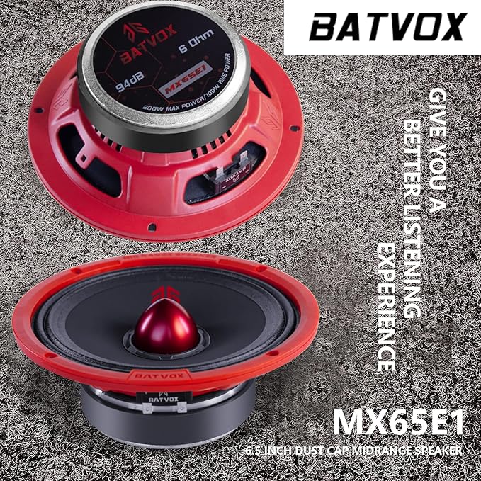 MX65E1 Midrange Loudspeaker 6.5" Red Bullet, 400W Max, 6 Ohms, Premium Quality Audio Door Speakers for Car or Truck Stereo Sound System, Red (2 Speaker)