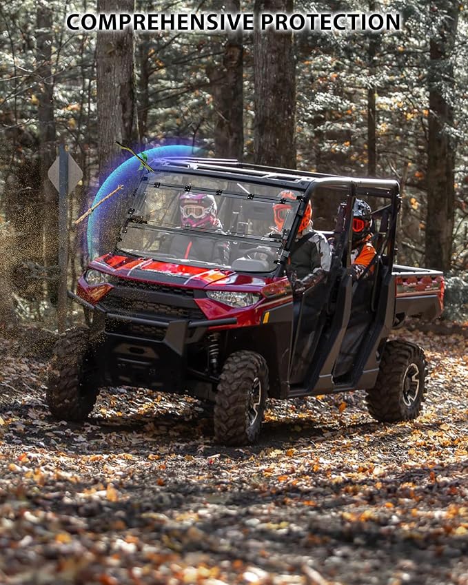 SAUTVS Flip Up Windshield for Polaris Ranger XP 1000/ Crew/ Diesel/ XP 900 2017-2026 Accessories, Clear 1/5" Hard Coated Polycarbonate Front Flip Windscreen Window, Can be Closed/Vented or Fully Open