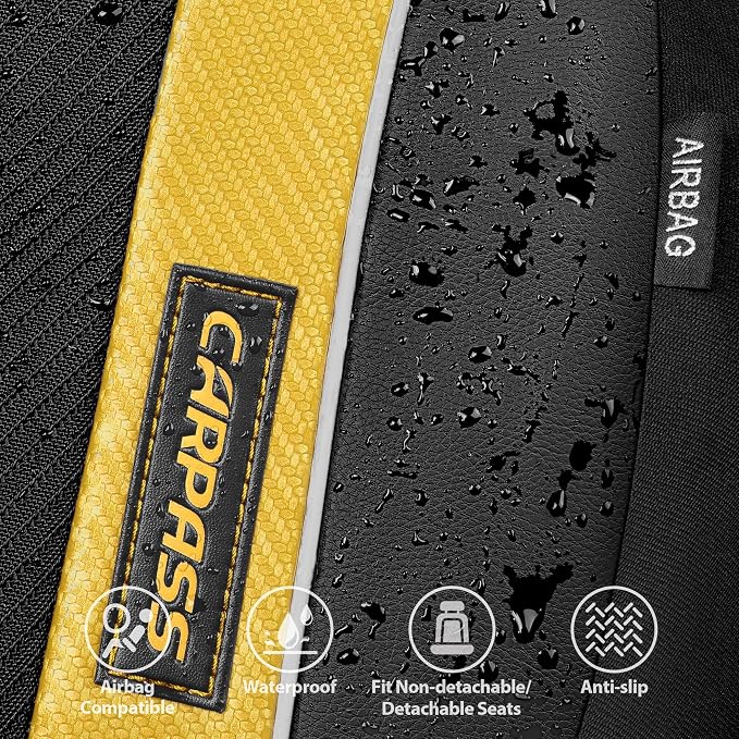 CAR PASS Sporty High Back 3D Oxford Waterproof Car Seat Cover Two Front, Universal Carbon Fiber Leather Bucket Seat Cover All Weather, Airbag Compatible Fit Sports Car SUV Sedan Truck Black Yellow