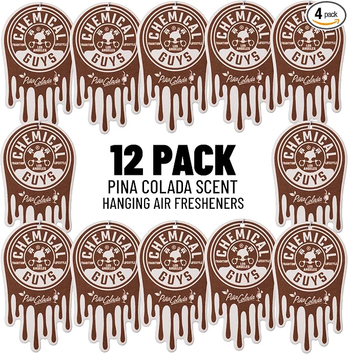 Chemical Guys Car Fresheners, Hanging Air Fresheners - Pina Colada Scent for Cars, Trucks, SUVs, RVs, Home, Office, Work, Dorm Room, & More - 12 Pack