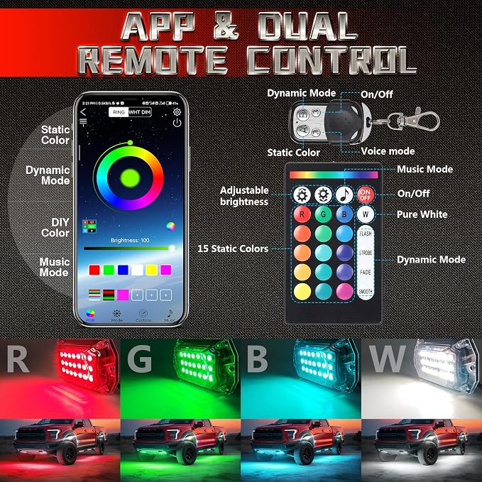 4 Pods Full Angle 230° Ultra Wide RGBW LED Rock Lights, 6500K Pure White & RGB Rock Light, IP68 Waterproof Underglow Lights Kit for Trucks ATV Golf Cart UTV RZR with Brake Music Sync APP/RF Remote
