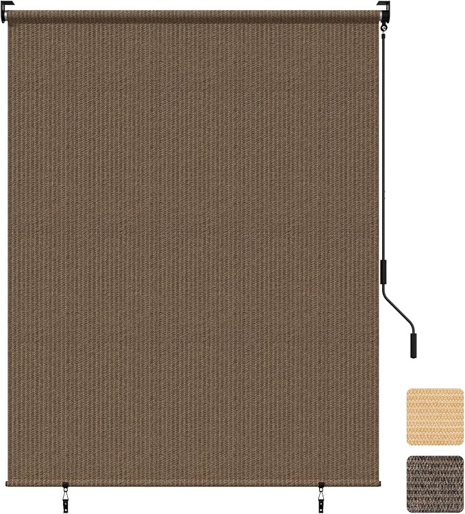 Grandekor Outdoor Roller Shade,8' W x 6' H,Patio Roll Up Cordless,Outdoor Privacy Screen with 220GSM HDPE Aluminum,Wand Operation,Exterior Roller Shades Cloth for Porch Gazebo Backyard,Mocha