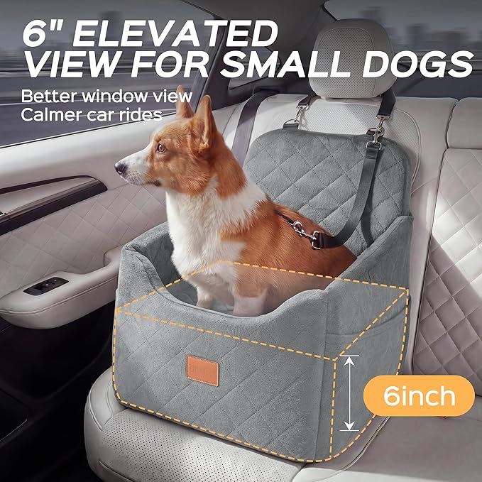 Dog Car Seat for Small Dog with Washable Mat, Memory Foam Booster Seat for Dogs Under 30lb, 6" Elevated Pet Seat with Pockets, Anti-Slip Bed for Car, Perfect for Front & Back Seats with Safety Leash