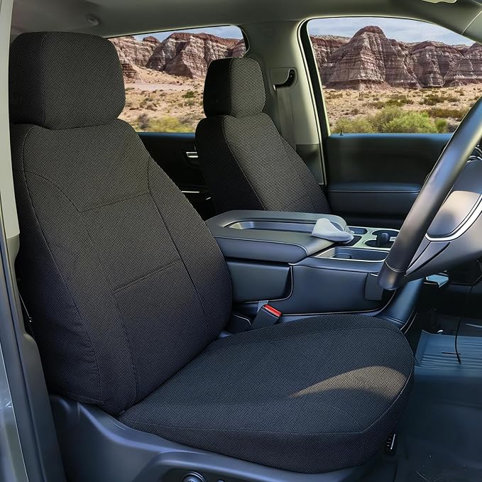 Front Seat Covers for Chevy Silverado & GMC Sierra 1500 Crew Cab 2019 2020 2021 2022 2023 2024 2025 2026 with Headrest and Rear Cup Holder Foam Padded - Black